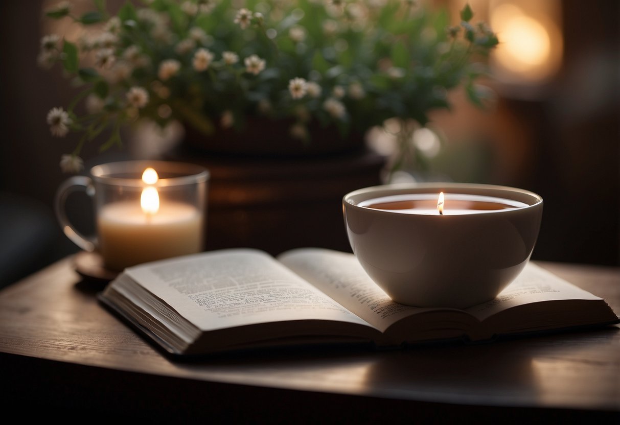 A serene setting with a cozy, clutter-free space. Soft lighting and a comfortable cushion for meditation. A small table with self-care items like a candle, a journal, and a cup of herbal tea