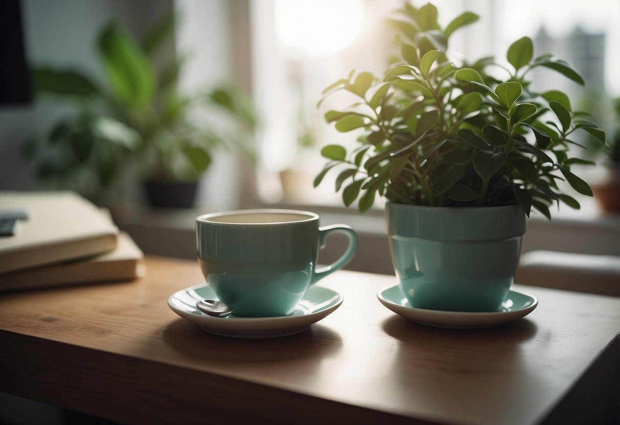 A cozy workspace with a cup of tea, a potted plant, and a timer set for a break. A comfortable chair and a soothing color palette create a calming atmosphere