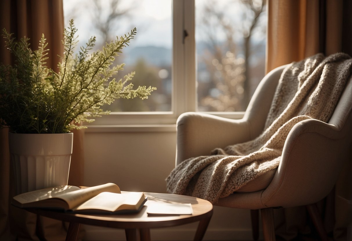 A cozy armchair by a sunlit window, with a book open to a chapter titled "10 Small Self-Care Habits That Make a Big Difference." A warm cup of tea sits on a nearby table