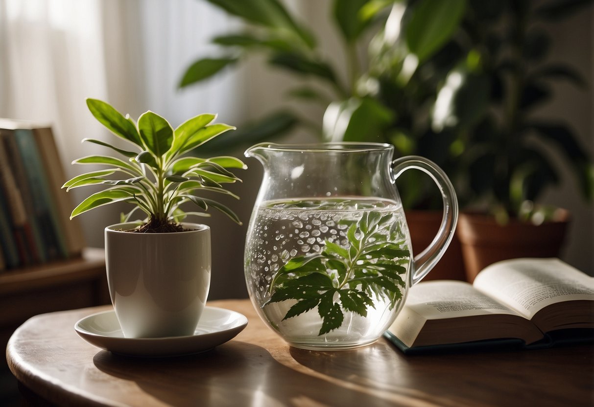 A glass of water being refilled with a pitcher, surrounded by a plant, a book, and a cozy blanket