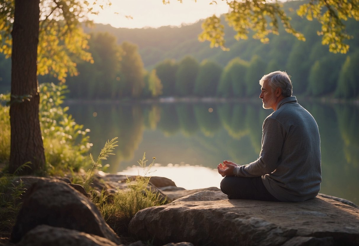 A peaceful setting with calming colors and natural elements. A parent sits in quiet meditation, surrounded by supportive resources and a sense of serenity