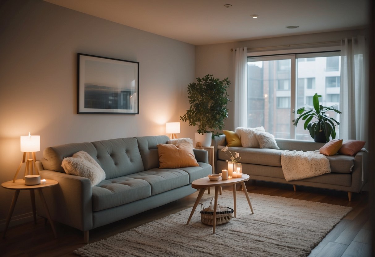 A cozy, quiet room with soft lighting, comfortable seating, and calming colors. A variety of sensory-friendly tools and toys are available for relaxation and mindfulness practice