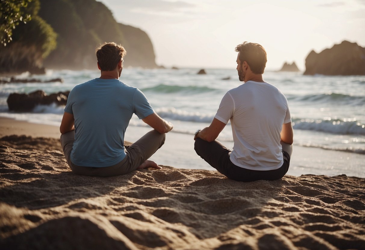 A serene landscape with two figures sitting cross-legged, facing each other. They are surrounded by a peaceful atmosphere, with gentle waves of calmness radiating from their bodies as they practice deep breathing together