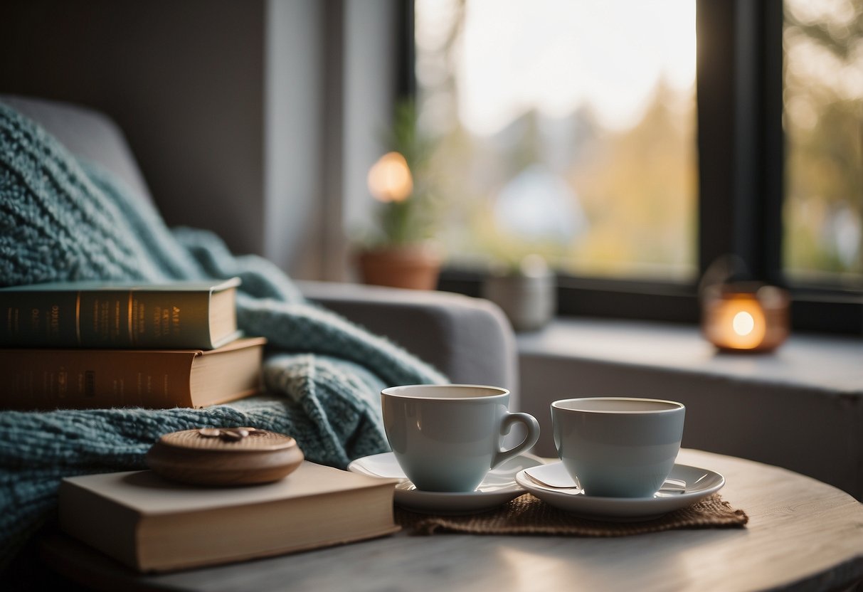 A cozy reading nook with colorful mindfulness books and a calming atmosphere. Soft pillows and a warm blanket invite relaxation. A cup of tea steams on a nearby table