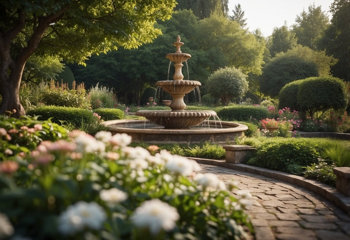 A serene garden with a winding path, surrounded by lush greenery and blooming flowers. A gentle breeze rustles the leaves, while a peaceful fountain trickles in the background