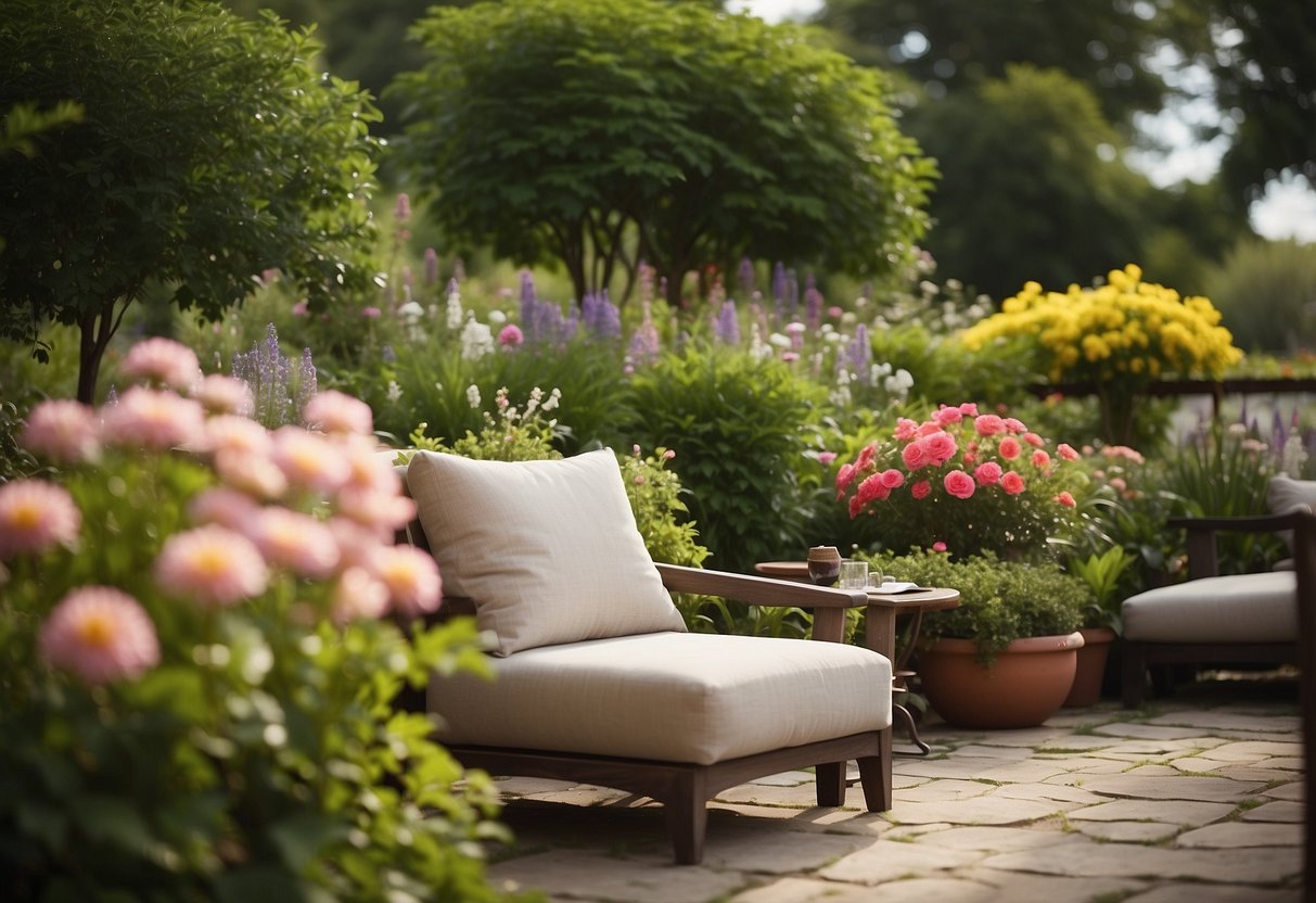 A serene garden with a peaceful atmosphere, featuring a comfortable seating area surrounded by lush greenery and colorful flowers. The scene exudes a sense of calm and tranquility, providing a perfect setting for practicing mindfulness