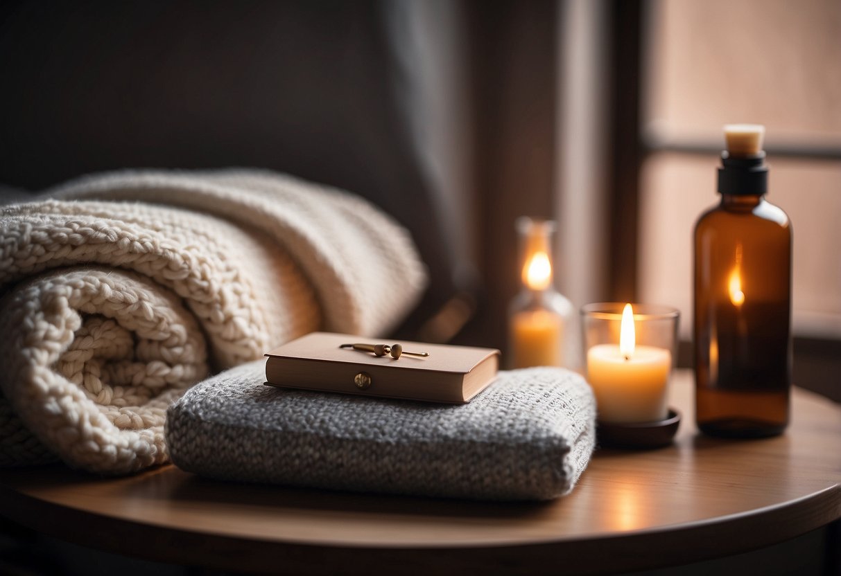 A cozy corner with a soft cushion, a warm blanket, and a calming essential oil diffuser. A journal and pen sit nearby, ready for reflection