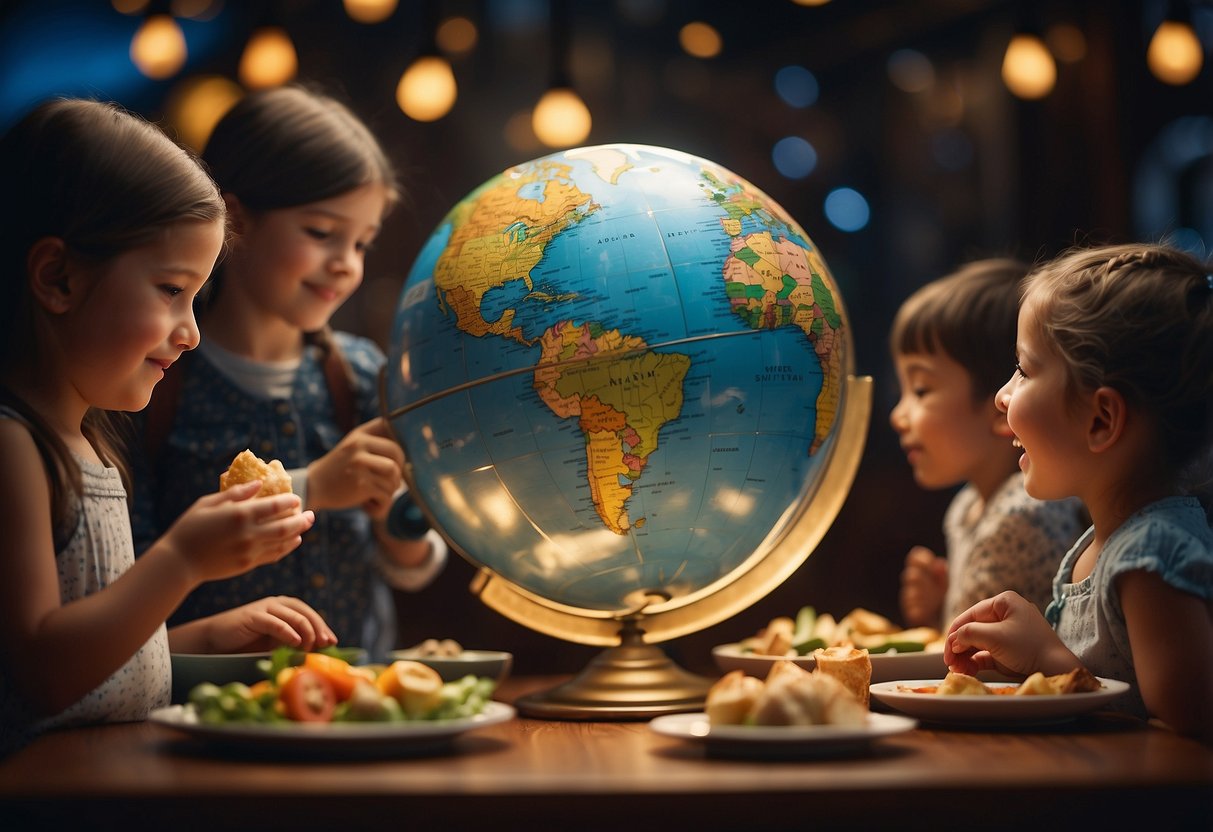 Children around a globe, tasting international foods, dancing to diverse music, reading folktales, and making crafts from around the world