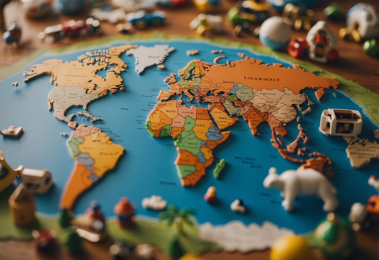 A colorful world map surrounded by children's toys, books, and cultural artifacts. Flags, costumes, and food from different countries are scattered around the map