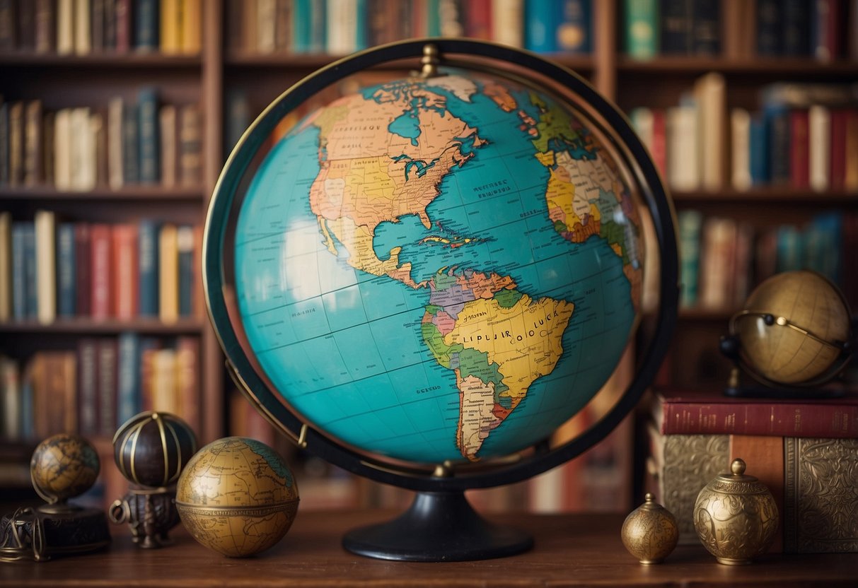 A colorful bookshelf filled with folklore stories from around the world. A globe and map sit nearby, surrounded by cultural artifacts and traditional instruments