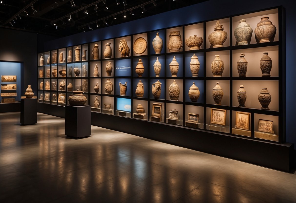 A diverse collection of artifacts and artworks from around the world displayed in a virtual museum. Cultural symbols and historical items are showcased in interactive exhibits