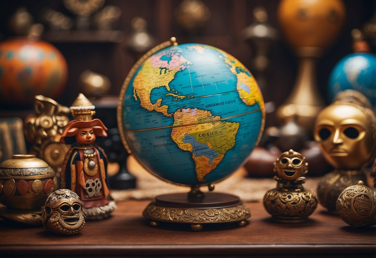 A colorful globe surrounded by traditional artifacts from various cultures, such as masks, musical instruments, and clothing, arranged in a playful and inviting manner