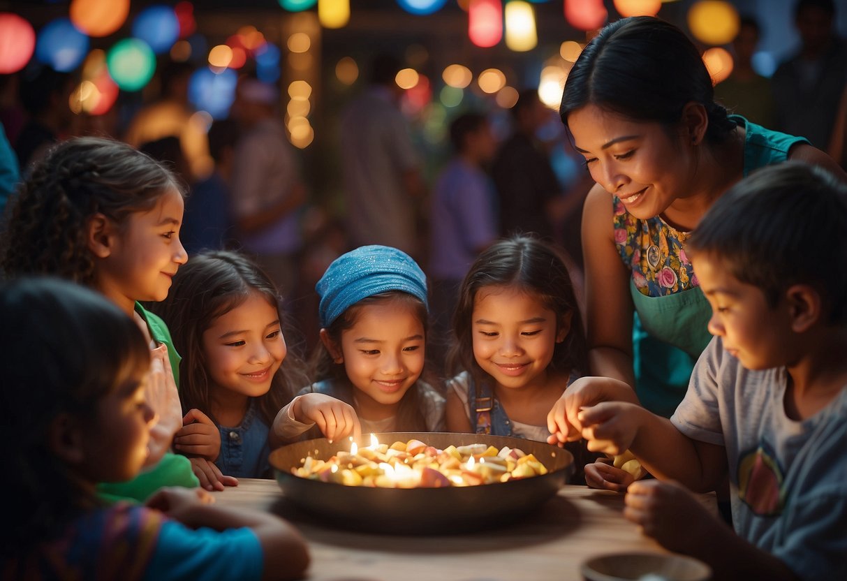 A diverse group of children engage in cultural activities, such as cooking, dancing, and storytelling, while surrounded by colorful traditional artifacts