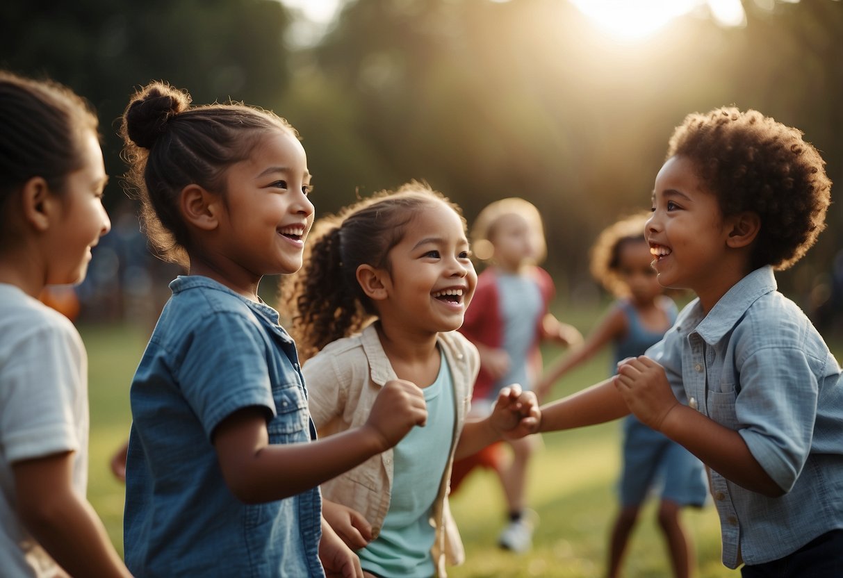 A diverse group of children playing together, sharing different cultural traditions, food, and clothing. They are engaging in activities that reflect their cultural backgrounds, such as dancing, storytelling, and playing traditional games