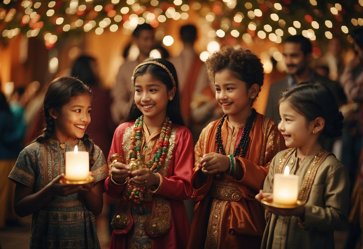 A diverse group of people celebrating various holidays with festive decorations and traditional clothing. Children exchanging cultural symbols and learning about different customs