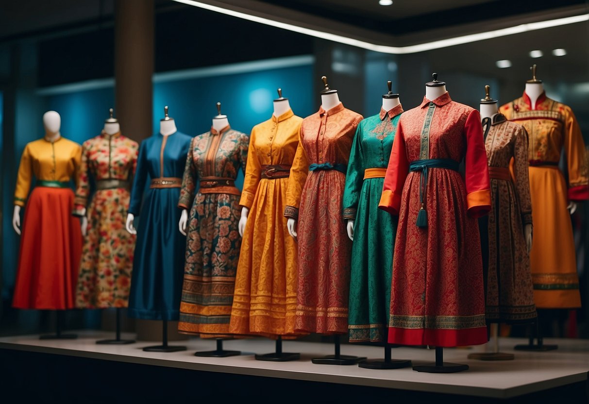 A diverse group of traditional attires from around the world displayed on mannequins or hangers in a vibrant and colorful setting