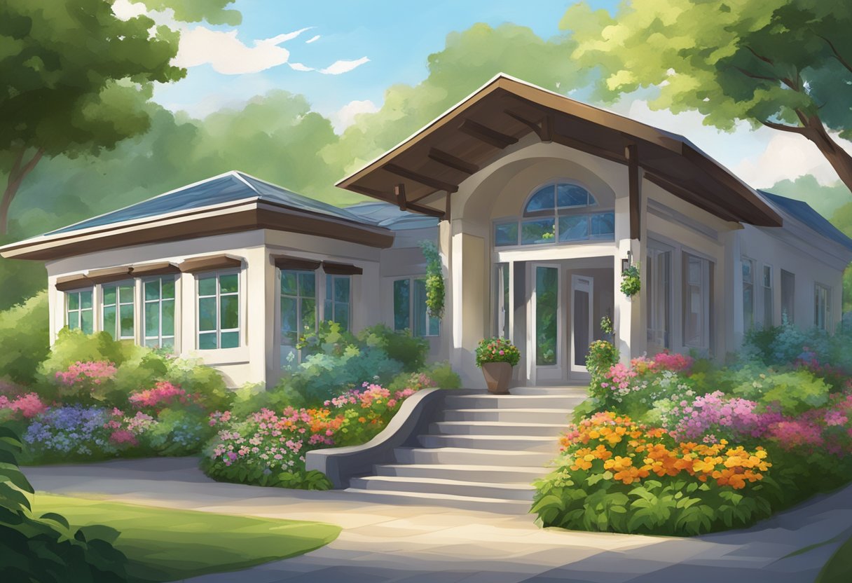 A serene hospice building surrounded by lush greenery and colorful flowers, with a welcoming entrance and a peaceful atmosphere