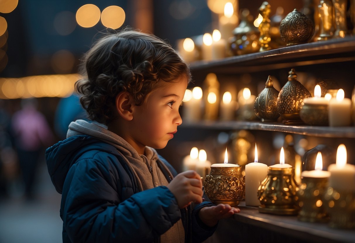 A child observing various religious symbols and practices in a diverse community setting