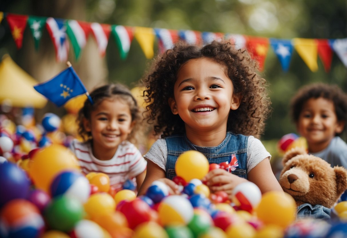 Children of different ethnicities playing, sharing toys, and laughing together. Flags from around the world decorate the background