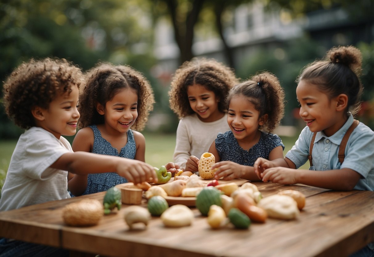 Children of diverse backgrounds playing together, sharing toys and food, displaying curiosity towards different traditions and languages