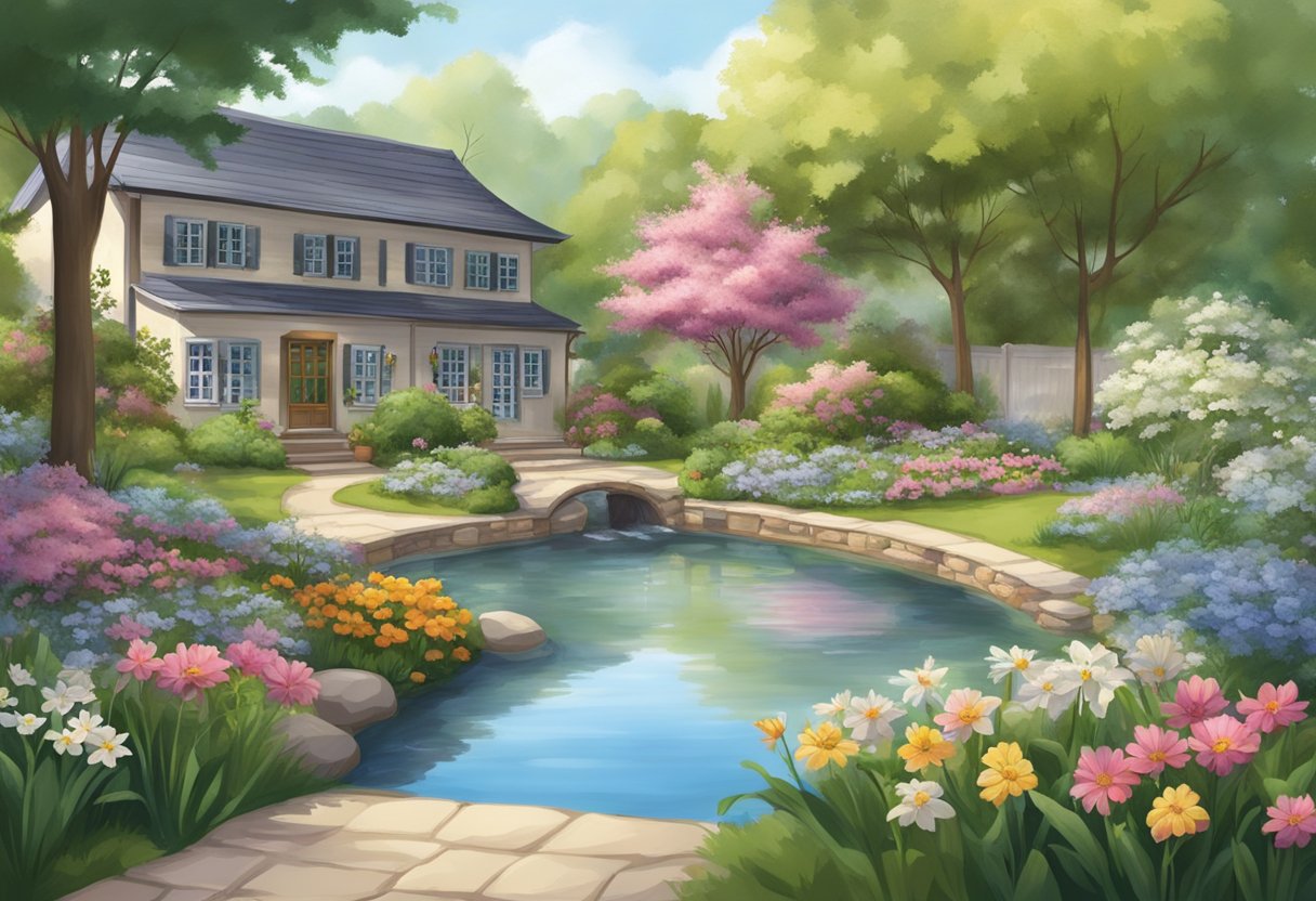 A serene garden with blooming flowers and a peaceful pond, surrounded by a cozy hospice building with welcoming signage