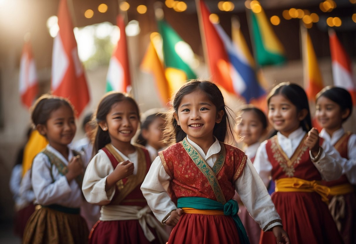 A diverse group of children engaged in various cultural activities, such as dancing, cooking, and playing traditional games. Flags and symbols from different cultures are displayed in the background