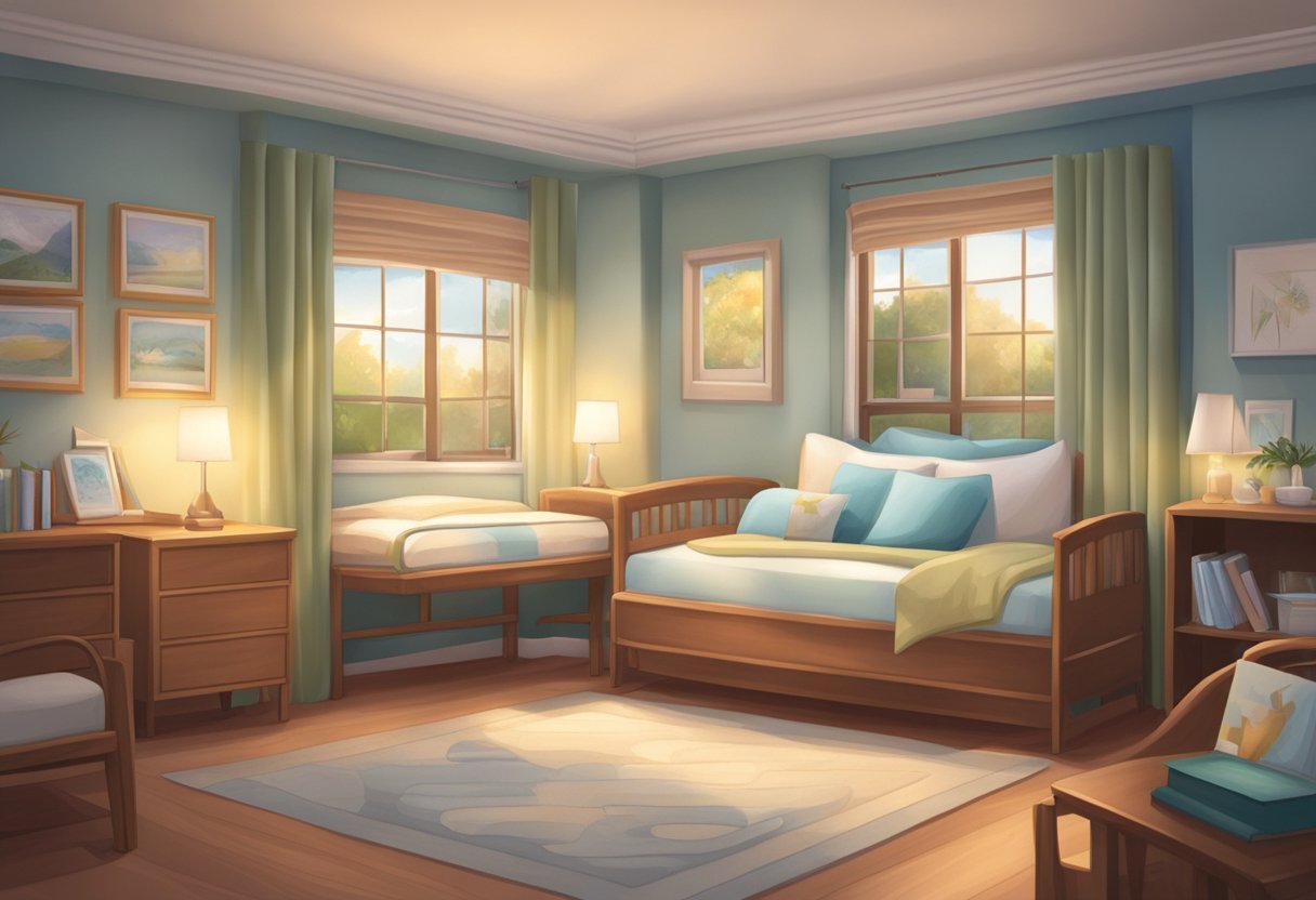 A serene hospice room with a comfortable bed, soft lighting, and personalized care items such as family photos and favorite books