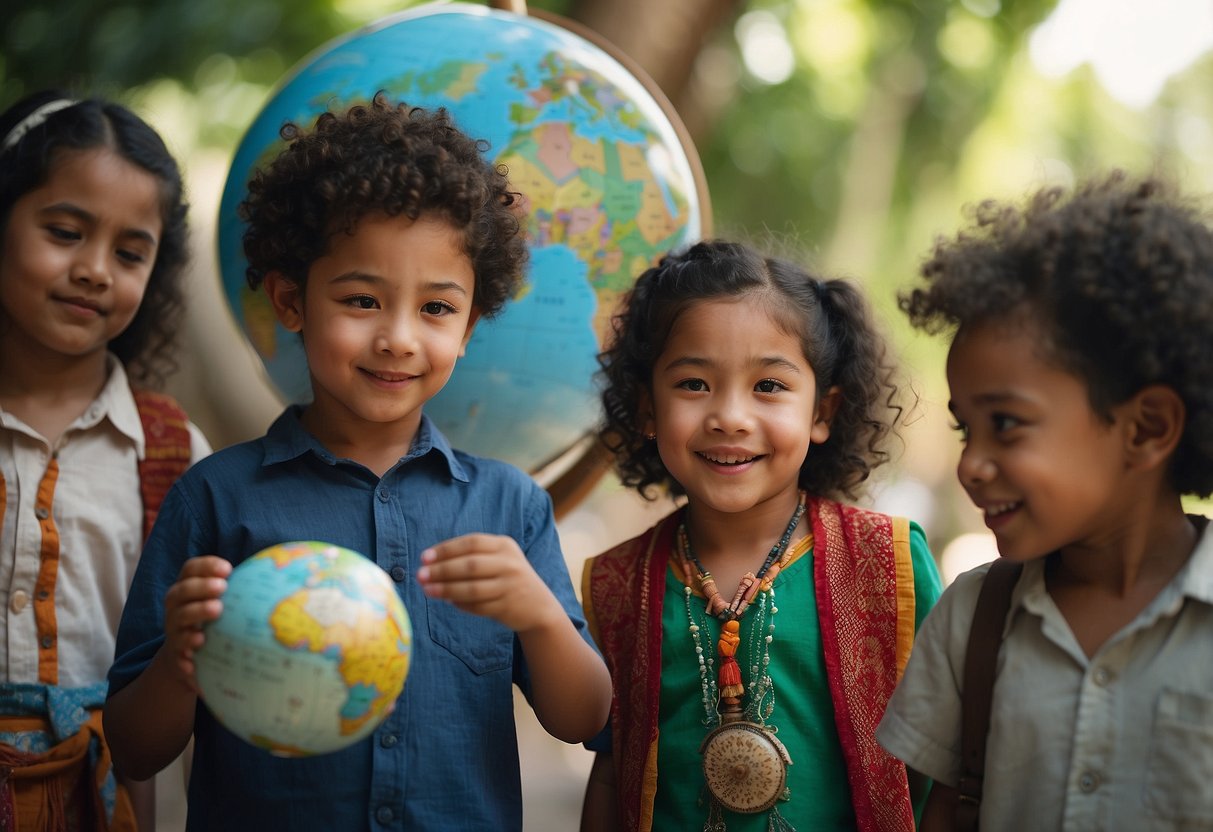 Children around a globe, exploring cultural artifacts, tasting international foods, listening to diverse music, and learning traditional dances