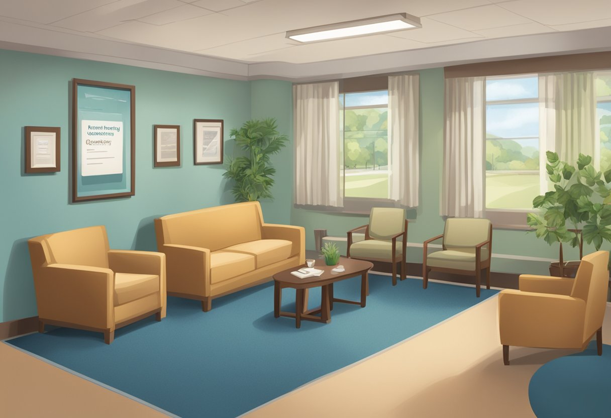 A serene waiting room with comfortable seating, soft lighting, and a reception desk. A sign on the wall reads "Frequently Asked Questions berea hospice."