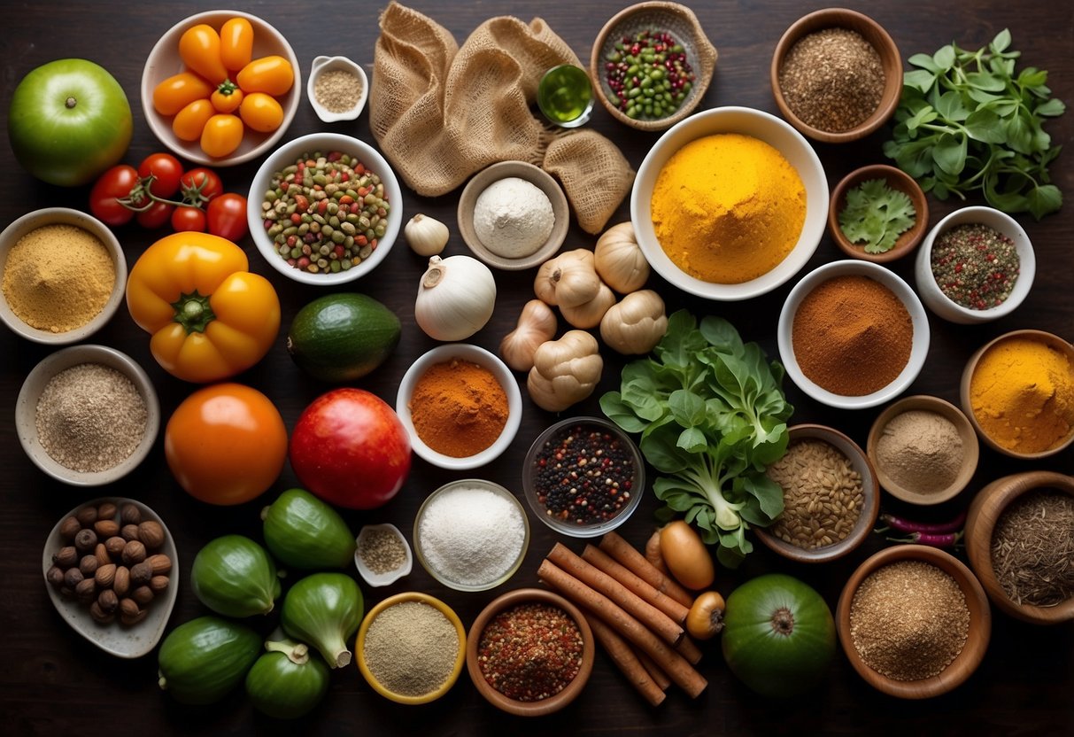 A colorful array of ingredients from around the world spread out on a kitchen counter, including spices, fruits, and vegetables. A globe and map are visible in the background