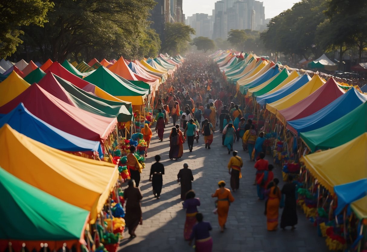 Colorful tents line the streets, each representing a different culture. Music fills the air as people sample exotic foods and watch traditional dances. Flags flutter in the breeze, creating a vibrant and diverse atmosphere