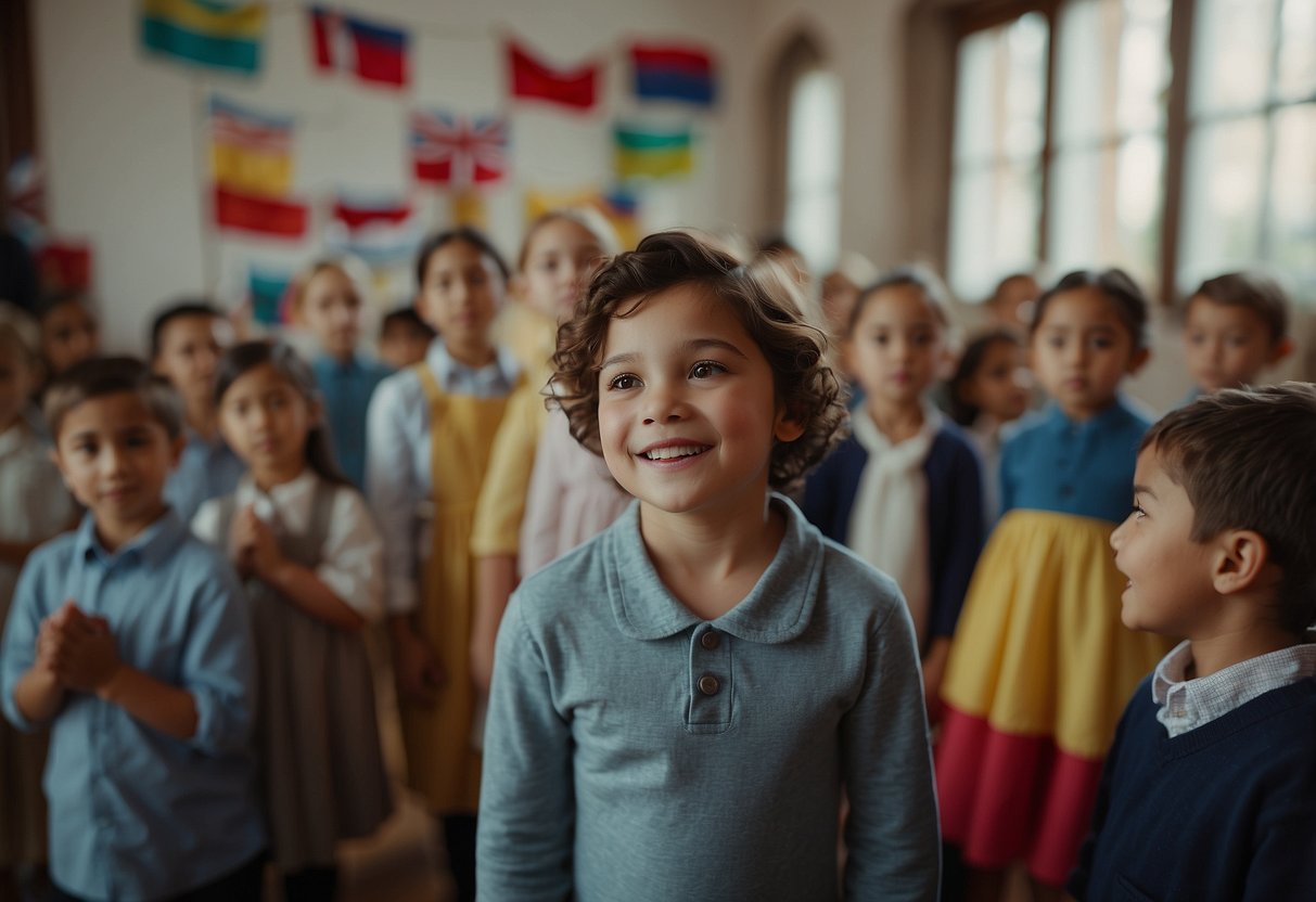 Children in a circle, listening to various cultural music. Some are clapping, others are moving to the rhythm. Flags from different countries hang on the walls