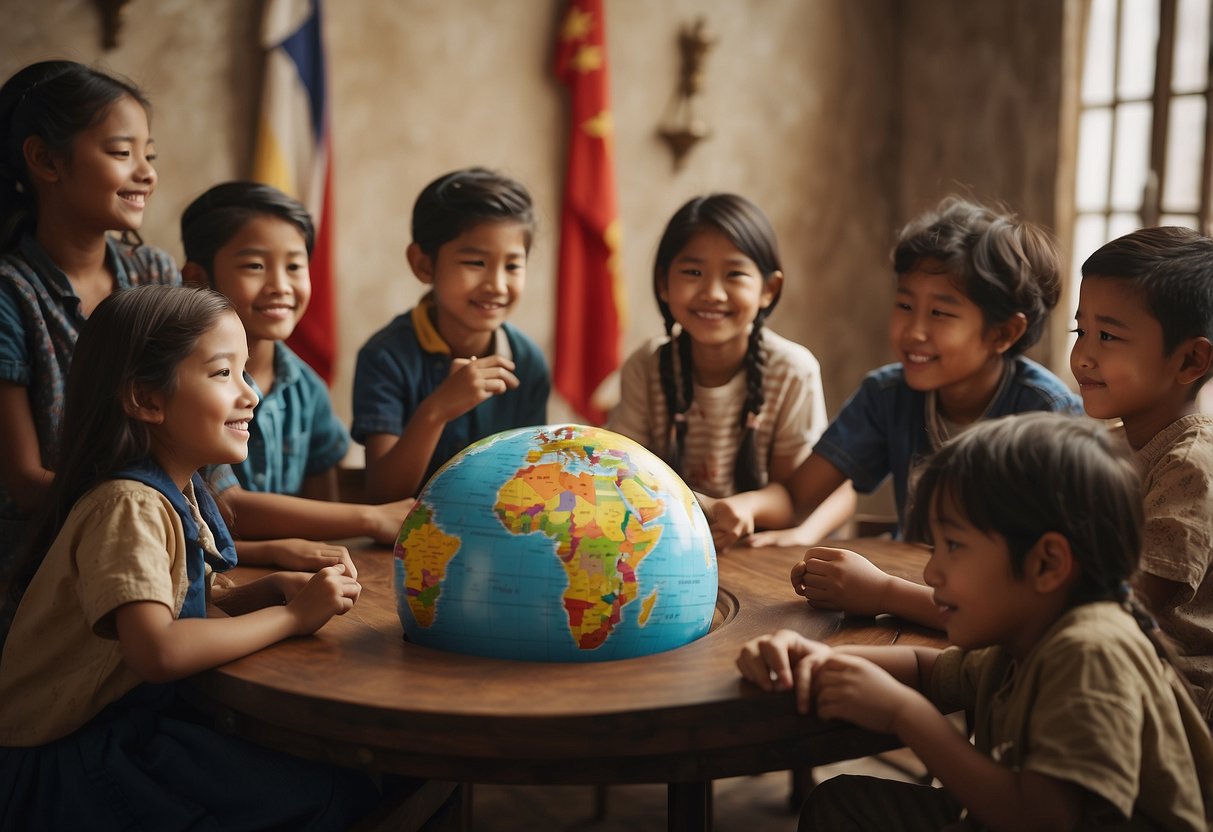 A group of children sit around a globe, pointing to different countries. Flags, traditional clothing, and cultural artifacts are spread out on a table. A world map hangs on the wall behind them