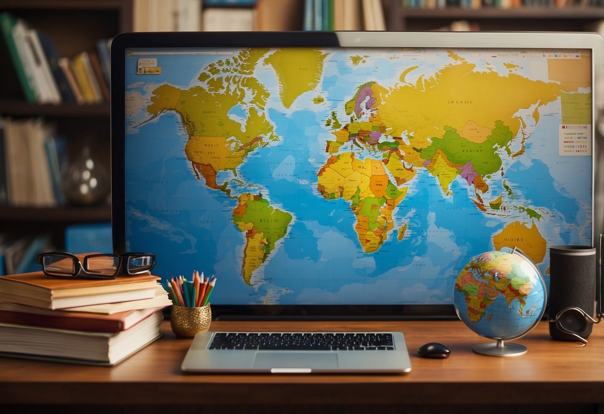 A child's desk with a world map, globe, and books on different cultures. A multicultural calendar hangs on the wall. A laptop displays virtual cultural activities