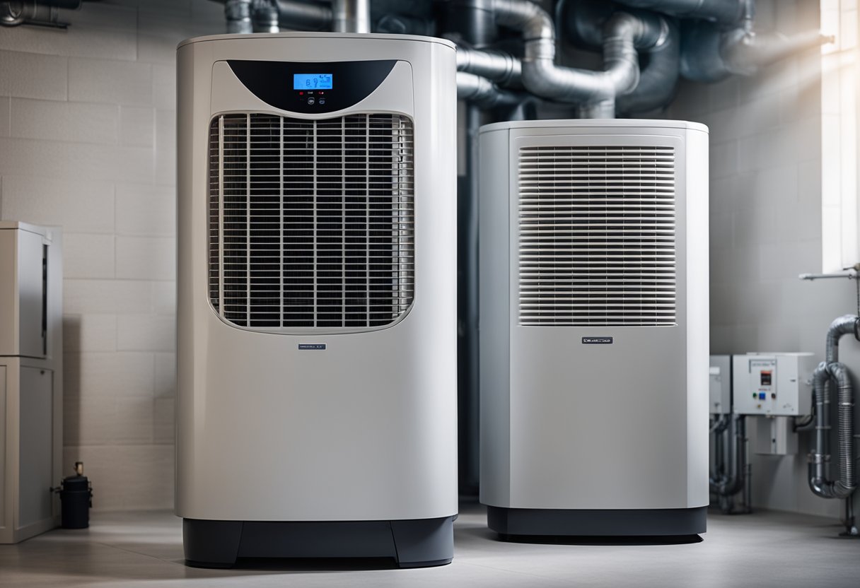 A modern heat pump stands next to a traditional boiler, both surrounded by labeled advantages and disadvantages. The heat pump symbolizes efficiency and eco-friendliness, while the boiler represents reliability and cost-effectiveness