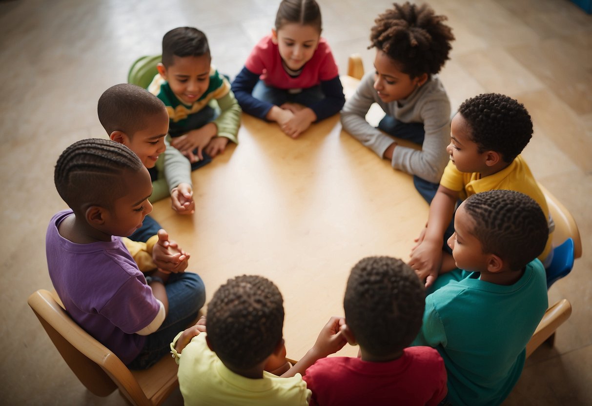 A diverse group of children gather around a circle of books, each one representing a different culture. They eagerly engage in discussions, learning and celebrating the richness of diversity