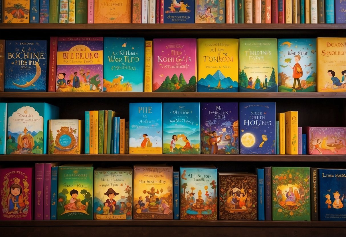 A colorful array of diverse children's books displayed on a shelf, each cover depicting different cultures and traditions