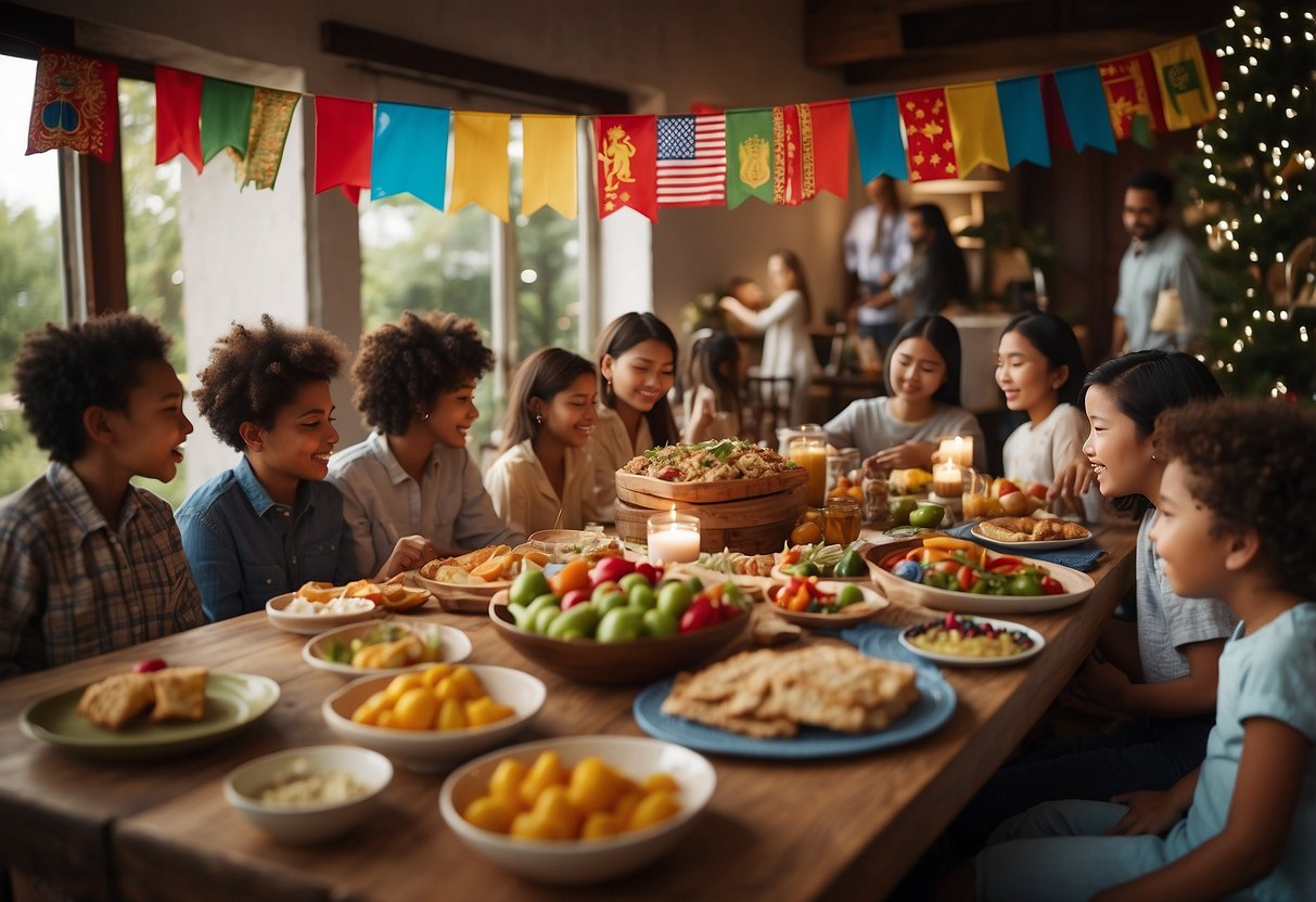 Families gather around a table with colorful decorations, traditional foods, and festive music. Flags and symbols of different cultures are displayed, creating a warm and inclusive atmosphere