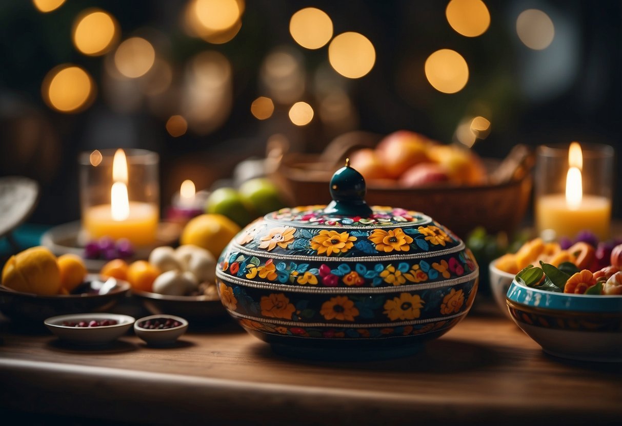 A table adorned with colorful traditional crafts, surrounded by family members celebrating cultural holidays