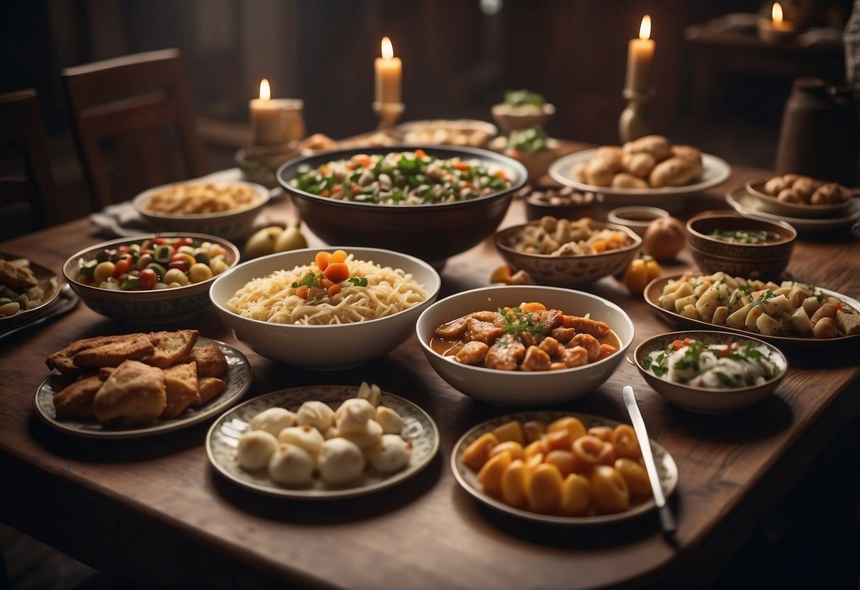 A table set with traditional dishes from different cultures, surrounded by festive decorations and family members enjoying the food