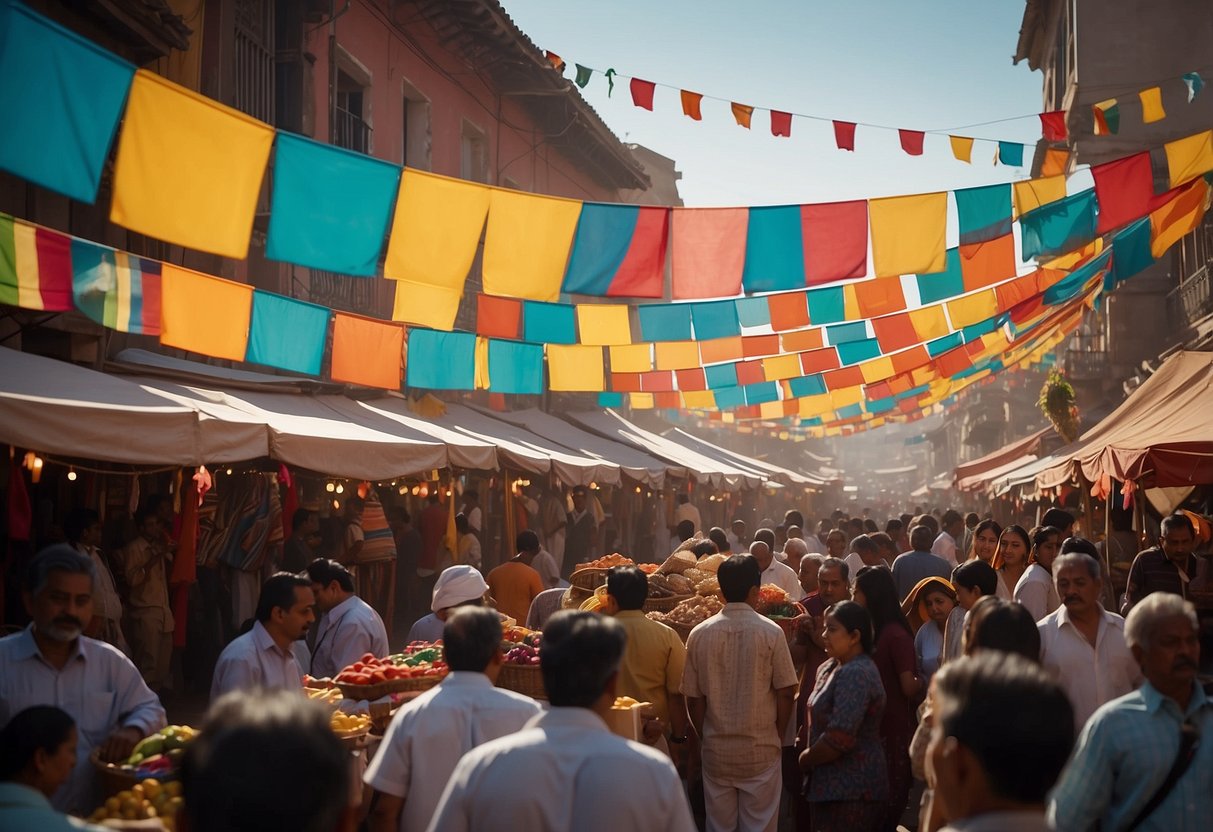 Colorful banners and flags flutter in the breeze, while vendors sell traditional crafts and food. Music fills the air as people of all ages gather to celebrate diverse cultural holidays