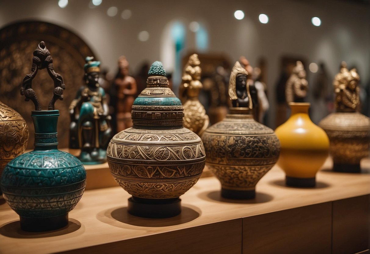 A diverse array of artifacts and exhibits fill the cultural museum, showcasing traditions and customs from around the world. Brightly colored textiles, intricate sculptures, and traditional musical instruments are on display, inviting visitors to explore and learn about different cultures