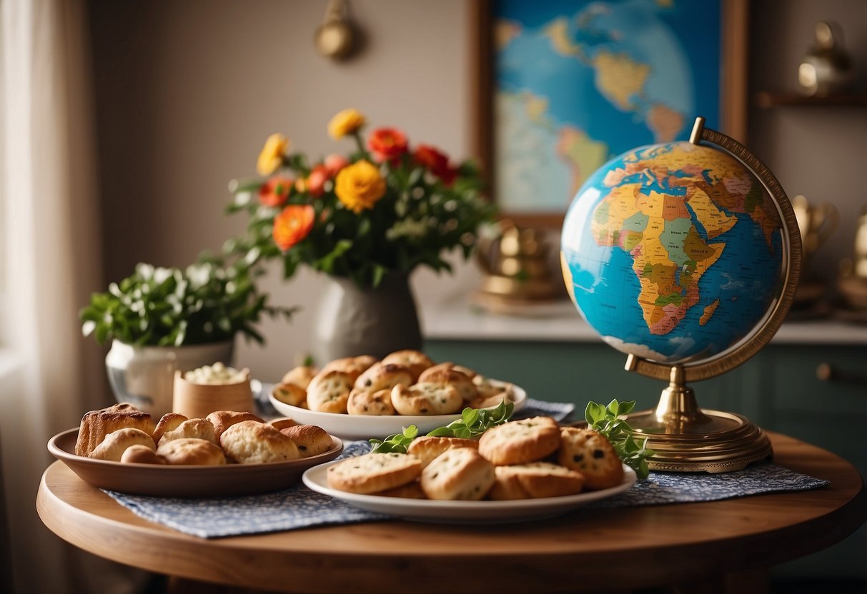 A table set with traditional dishes, colorful decorations, and family photos. A globe and map on the wall. Festive music plays in the background