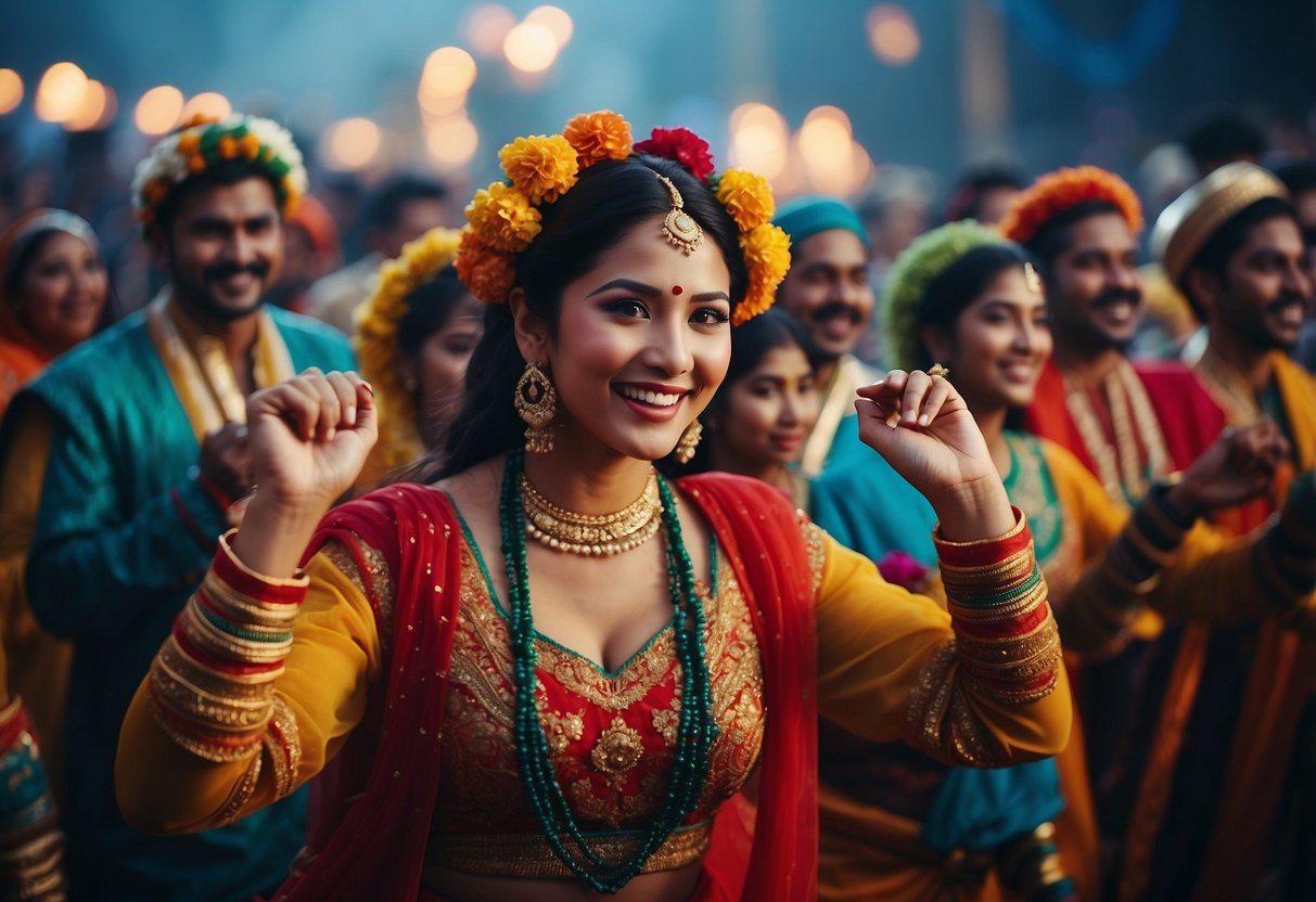 A group of people joyfully dancing in traditional attire, surrounded by colorful decorations and festive music