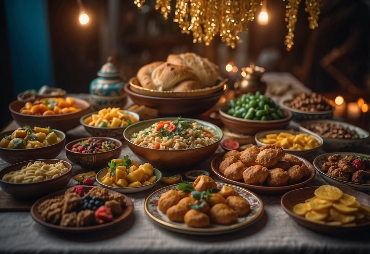 Families gather around a table, adorned with colorful decorations and traditional foods, while symbols of different cultural holidays hang on the walls