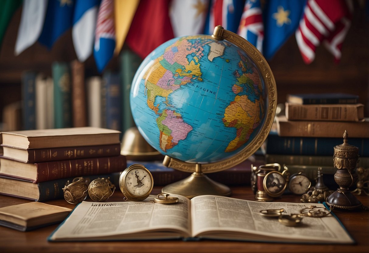 A diverse collection of artifacts, maps, and books lay scattered on a table. A globe sits nearby, surrounded by colorful flags from around the world. A sign reads "7 Techniques for Encouraging Curiosity About Other Cultures."