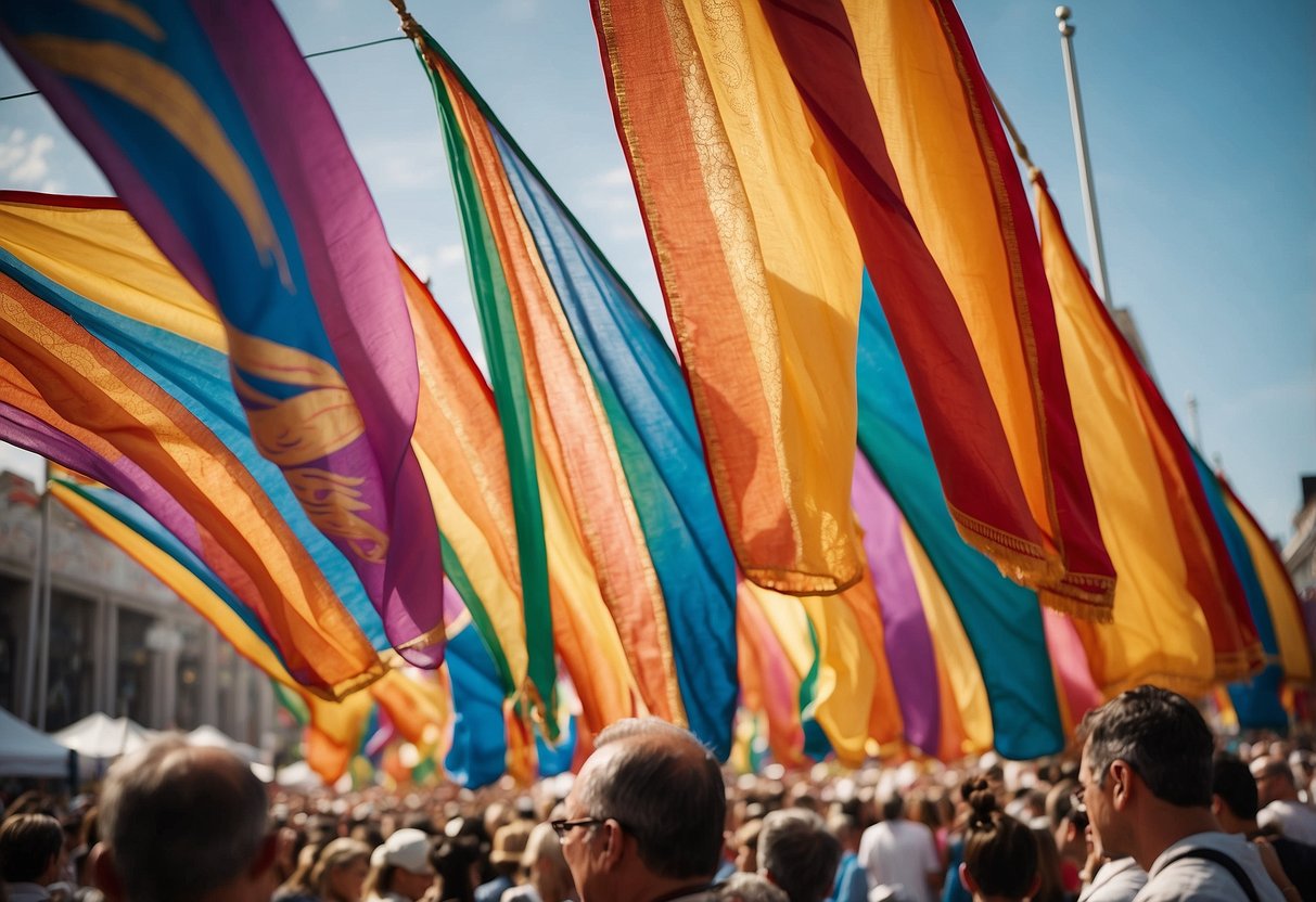 Vibrant banners flutter above a bustling festival, showcasing diverse cultural traditions. Aromas of exotic foods and the sounds of music and dance fill the air, inviting exploration and celebration