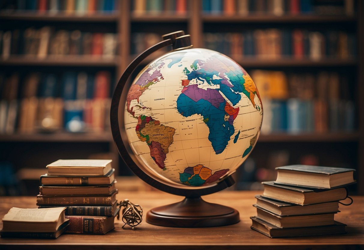 A colorful globe surrounded by books, flags, and cultural artifacts. A speech bubble with question marks hovers above, symbolizing curiosity