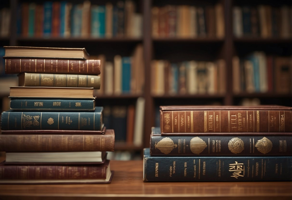 A stack of books from different countries, open with pages fluttering, surrounded by cultural artifacts and symbols