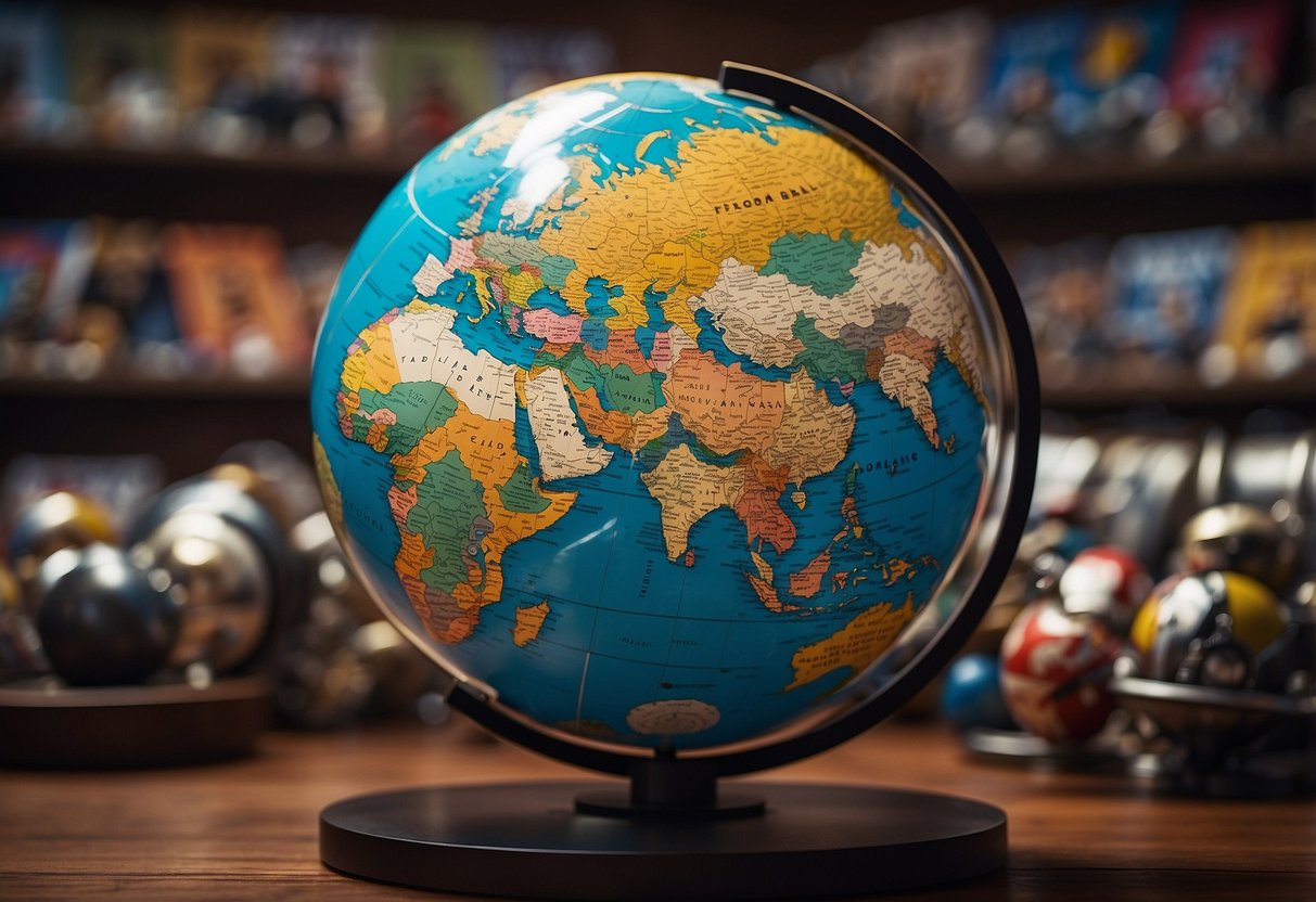 A globe surrounded by diverse film posters, flags, and cultural artifacts, with a curious audience eagerly watching international films